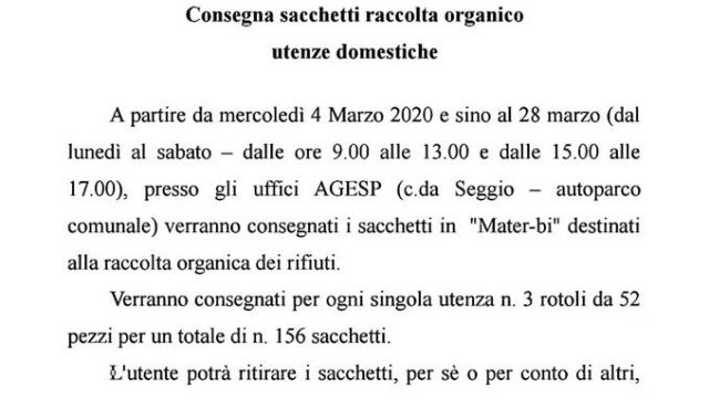 Distribuzione sacchetti in “Mater-bi” per la raccolta organico