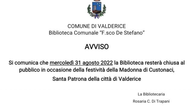 AVVISO BIBLIOTECA COMUNALE