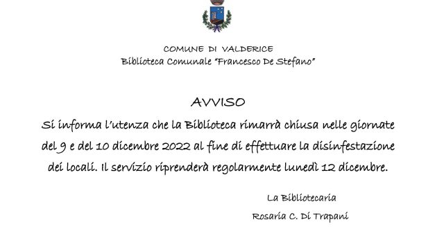 AVVISO BIBLIOTECA COMUNALE