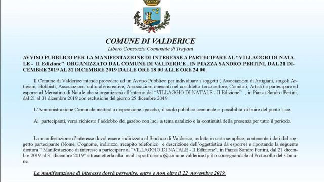 II Edizione ” Villaggio di Natale” -Avviso Pubblico  Manifestazione di interesse a partecipare