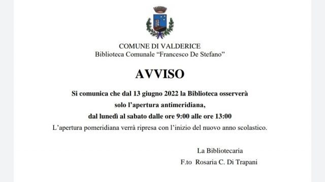 AVVISO: Orario estivo Biblioteca comunale